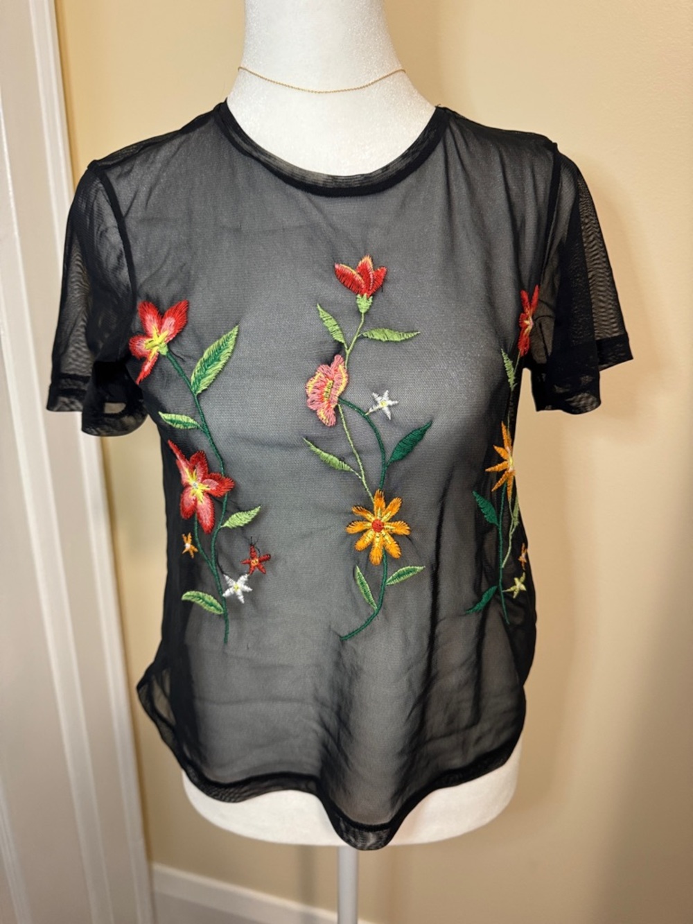 Zara Black Sheer Mesh Top with Multicolor Floral Embroidery